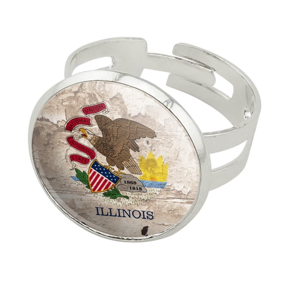 Rustic Illinois State Flag Distressed USA Silver Plated Adjustable Novelty Ring