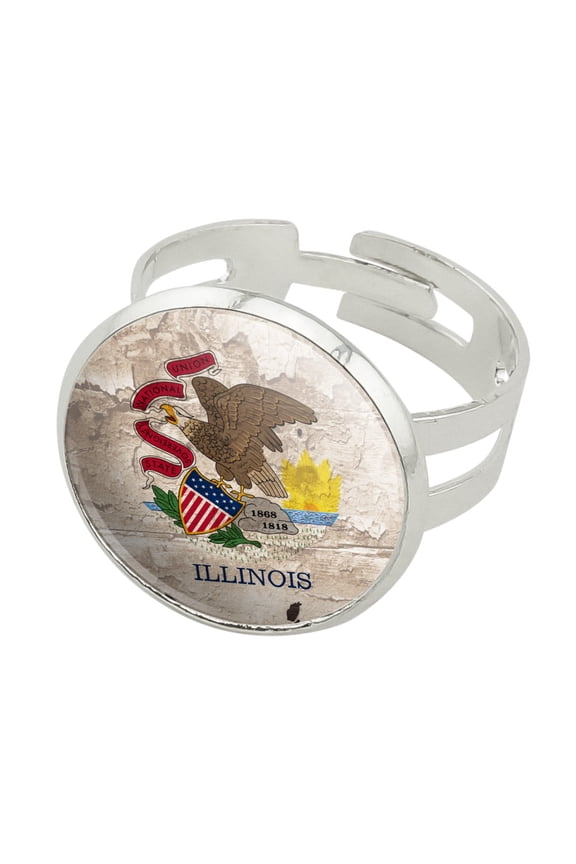 Rustic Illinois State Flag Distressed USA Silver Plated Adjustable Novelty Ring