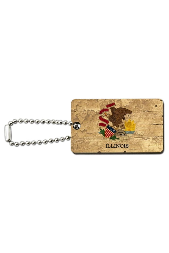 Rustic Illinois State Flag Distressed USA Wood Wooden Rectangle Keychain Key Ring