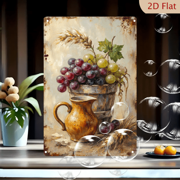 Rustic Impressionist Still Life Wall Art, 8x12 Inches Metal Tin Sign Featuring Grapes in Wooden Bucket, Wheat Stalks & Earthenware Pitcher, Vintage Warm Tones for Kitchen or Farmhouse Decor