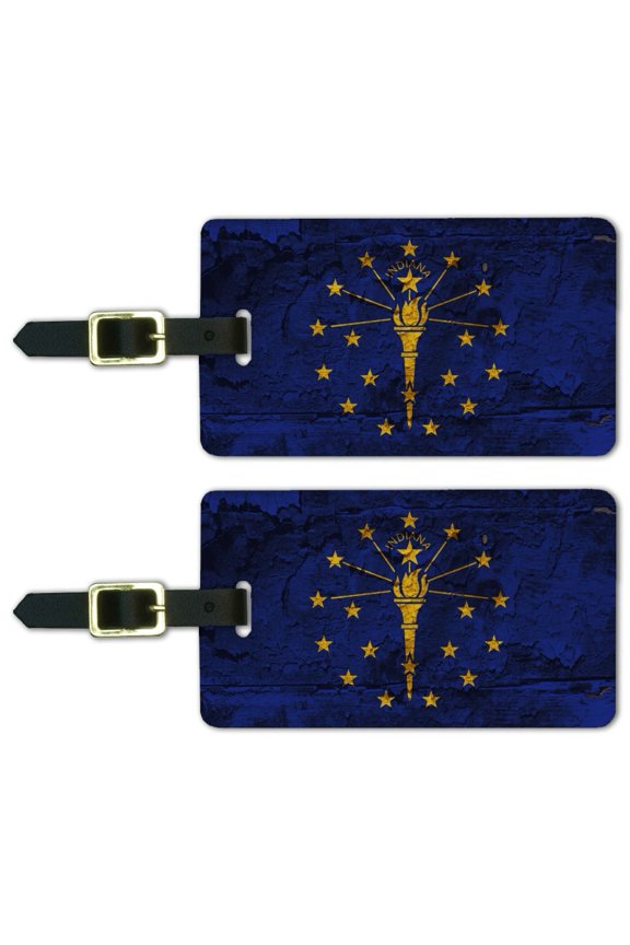 Rustic Indiana State Flag Distressed USA Luggage ID Tags Suitcase Carry-On Cards - Set of 2