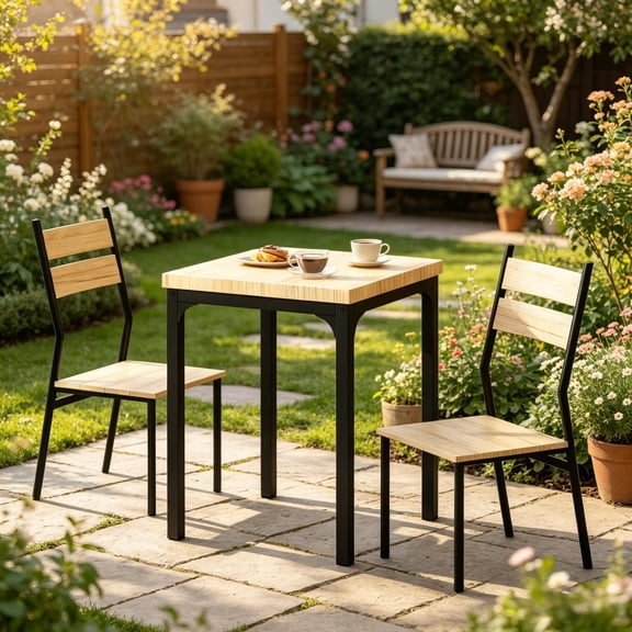 Rustic Industrial 3-Piece Kitchen Dining Set in Light Wood and Black Frame