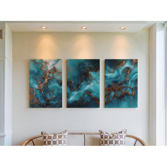 Rustic Industrial Aged Verdigris Triptych Turquoise And Copper Metal Patina Gallery Set For Loft Decorative Wall Art Poster, , Poster Only