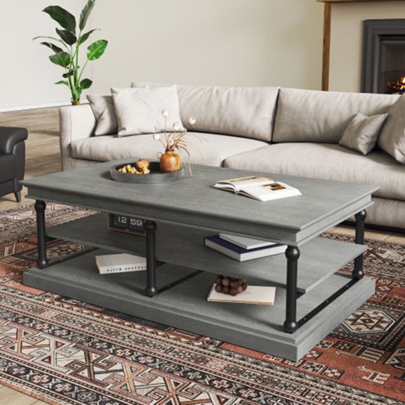 Rustic Industrial Coffee Table, 3-Tier Storage Coffee Table with Open Shelves, Sturdy Wood & Metal Frame Coffee Table,Grey