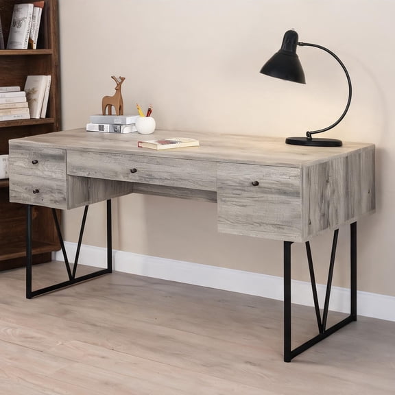 Rustic Industrial Driftwood Writing Desk with 4 Drawers and Metal Frame, Grey
