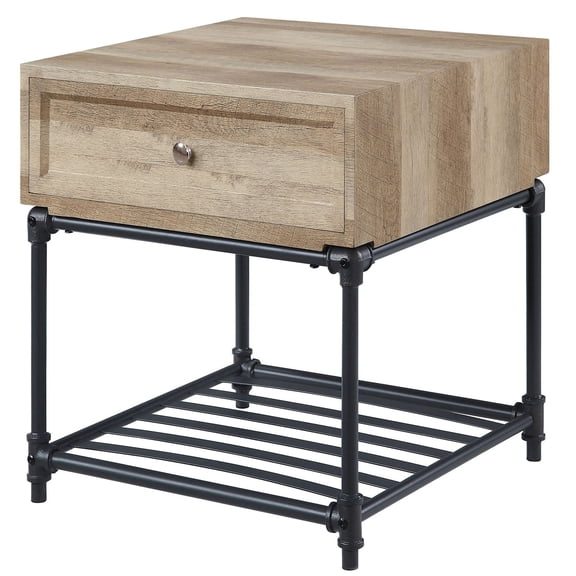 Rustic Industrial End Table | Water Pipe Design for Living Room | Composite Wood and Metal | Drawer to Maximize Storage Space