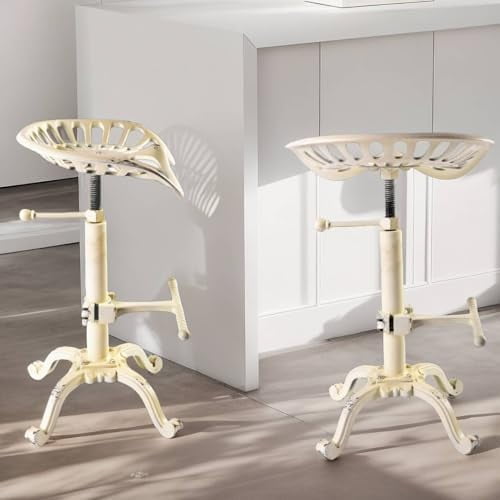 Rustic Industrial Farmhouse Tractor Seat Adjustable Height 21.65-27.56in Bar Stool Industrial Bar Chair Set of 2 Aged White Cast Iron$$Furniture