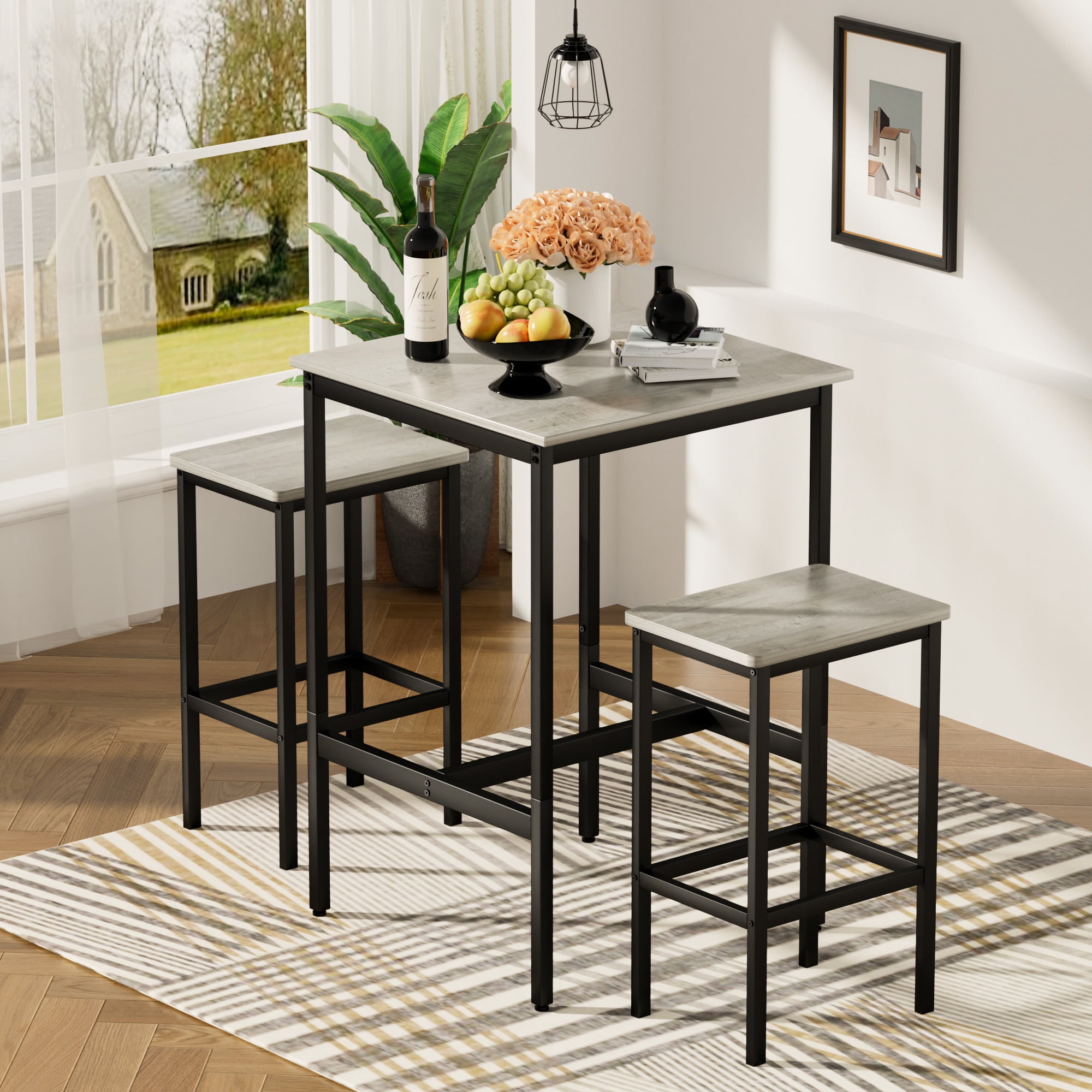 Rustic Industrial Kitchen Bar Table Sets with 2 Stools-Space Saving Bar Bistro Table Set for ...