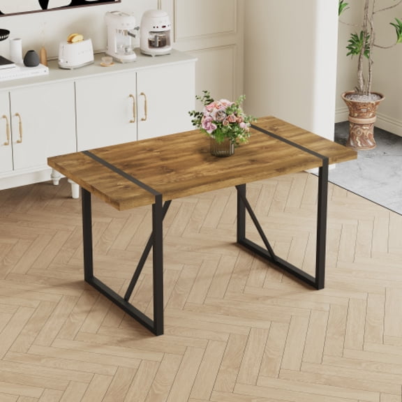 Rustic Industrial Rectangular Dining Table 4 To 6 Person 1.5 Inch Thick MDF Tabletop Powder Coated Black Metal Legs For Kitchen Living Room