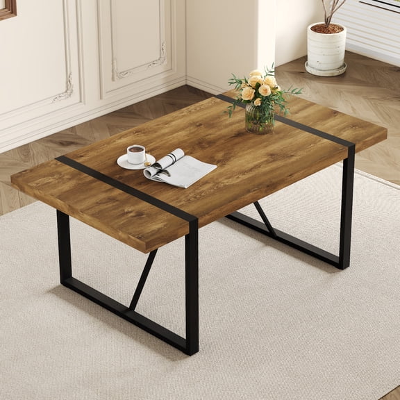 Rustic Industrial Rectangular Wood Dining Table For 4-6 Person, Thick Engineered Wood color Tabletop and Black Metal Legs,Desk For Kitchen Dining Living Room
