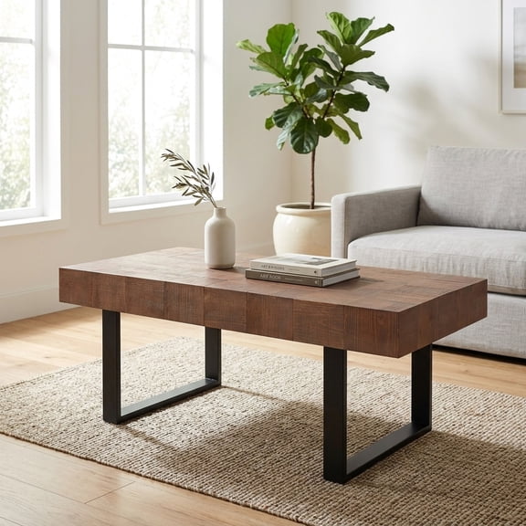 Rustic Industrial Wood Coffee Table with Parquet Top - 47 Inch Living Room Table