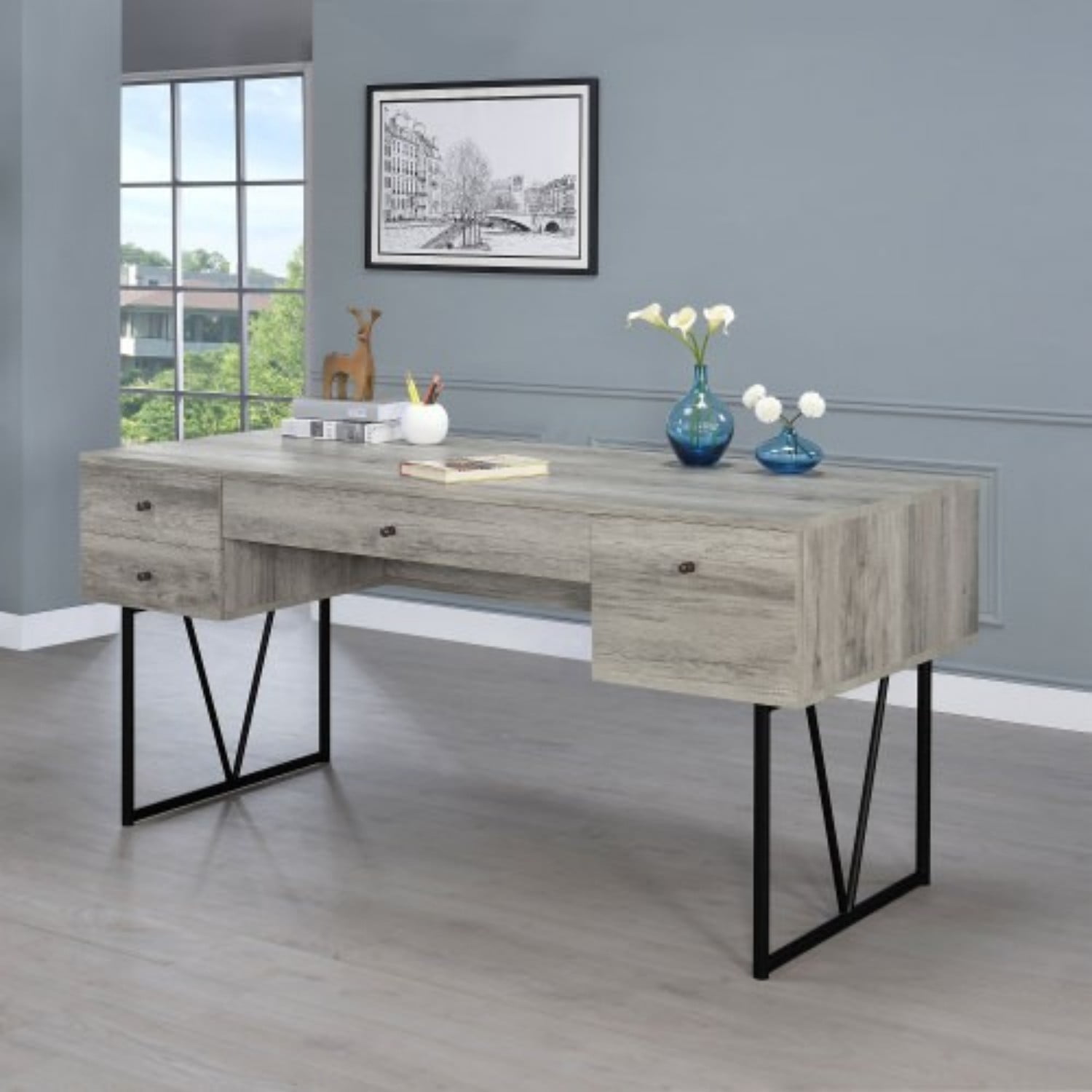 Rustic Industrial Writing Desk with 4 Drawers, 63 Inch Home Office Computer Desk with Metal Legs for Study Bedroom Workspace, Driftwood