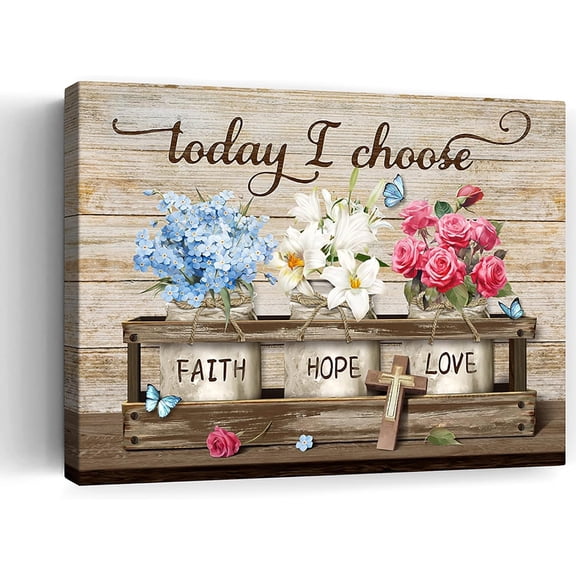 Rustic Inspirational Canvas Wall Art Today I Choose Faith Hope Love Floral and Cross Decor Blue and Pink Home Decor for Living Room Bedroom Hallway Motivational Quote Artwork 12x16 Inch