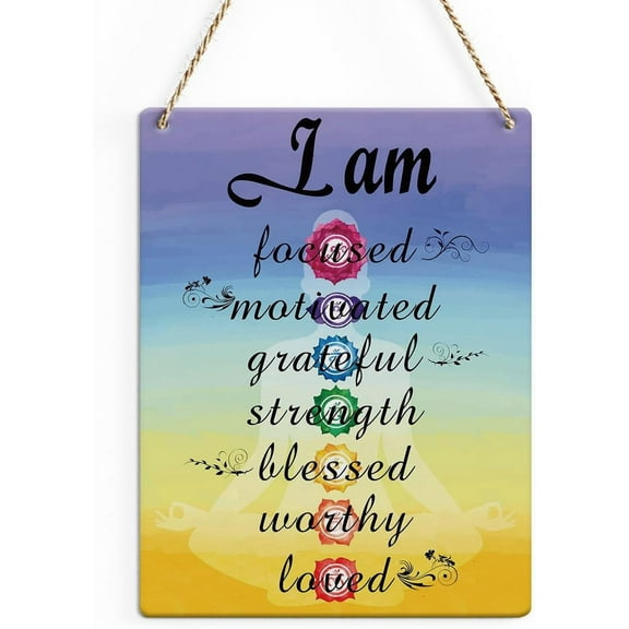 Rustic Inspirational Quote Yoga Zen Wood Decor Sign, Colorful I am Focused Motivated Printed Wood Sign Wall Art, Hanging Door Sign, Decorative Wood Sign Home Yoga Office Decor 8x10