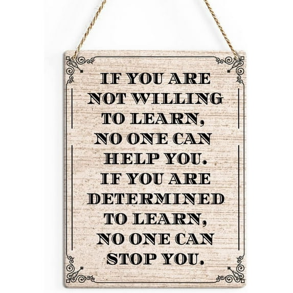 Rustic Inspirational Wood Decor Sign, If You are Determined to Learn Printed Wood Sign Wall Art, Hanging Door Sign, Motivational Decorative Wood Sign Home Office Classroom Decor 8x10