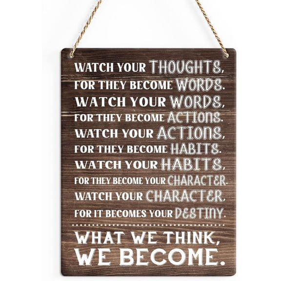 Rustic Inspirational Wood Decor Sign, What We Think We Become Printed Wood Sign Wall Art, Hanging Door Sign, Motivational Decorative Wood Sign Home Office Decor 8x10