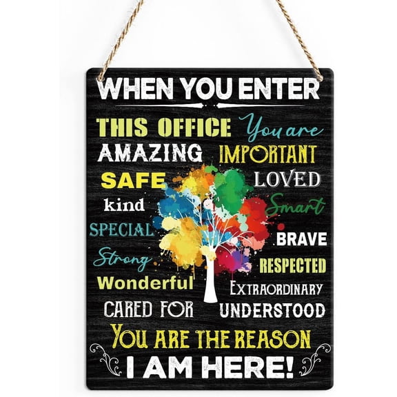 Rustic Inspirational Wood Decor Sign, When You Enter This Office Printed Wood Sign Wall Art, Hanging Door Sign, Colorful Tree Decorative Wood Sign Home Office Decor 8x10