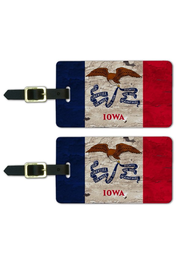 Rustic Iowa State Flag Distressed USA Luggage ID Tags Suitcase Carry-On Cards - Set of 2