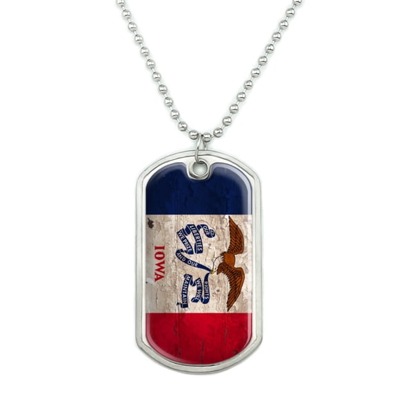 Rustic Iowa State Flag Distressed USA Military Dog Tag Pendant Necklace with Chain