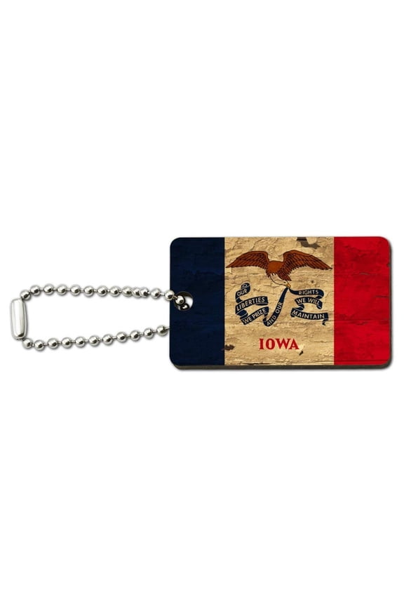 Rustic Iowa State Flag Distressed USA Wood Wooden Rectangle Keychain Key Ring