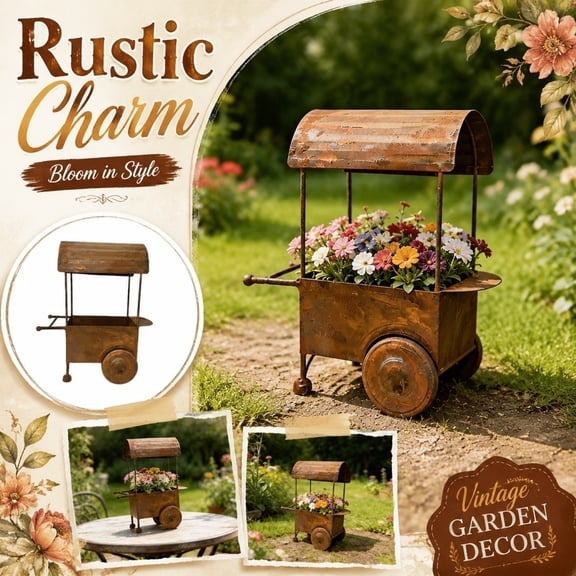 Rustic Iron Cart Flower Planter, Vintage-Style Decorative Garden Cart with Wheels & Canopy, Small Metal Plant Container for Home Patio Backyard Decor,9IN