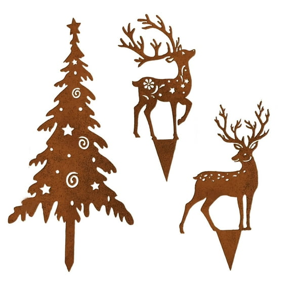 Rustic Iron Christmas Outdoor Decoration – Reindeer & Tree Metal Art, Antique Brown Holiday Garden Stake for Lawn, Yard, or Indoor Fireplace Decor, 11.81 in
