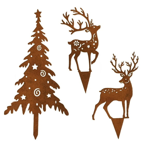 Rustic Iron Christmas Outdoor Decoration – Reindeer & Tree Metal Art, Antique Brown Holiday Garden Stake for Lawn, Yard, or Indoor Fireplace Decor, 11.81 in