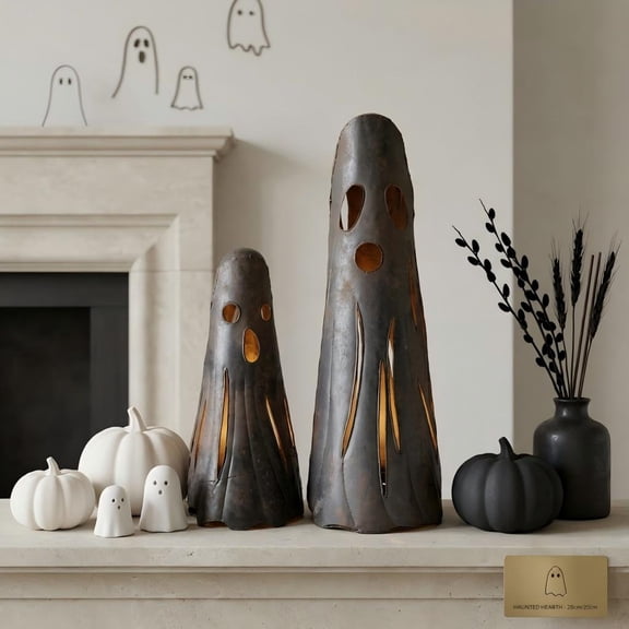 Rustic Iron Ghost Luminaries, Set of 2 Halloween Decorative Candle Holders, Hand-Forged Cast Iron with Rusted Patina, Spooky Gothic Home & Mantel Decor