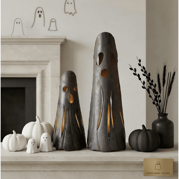Rustic Iron Ghost Luminaries, Set of 2 Halloween Decorative Candle Holders, Hand-Forged Cast Iron with Rusted Patina, Spooky Gothic Home & Mantel Decor