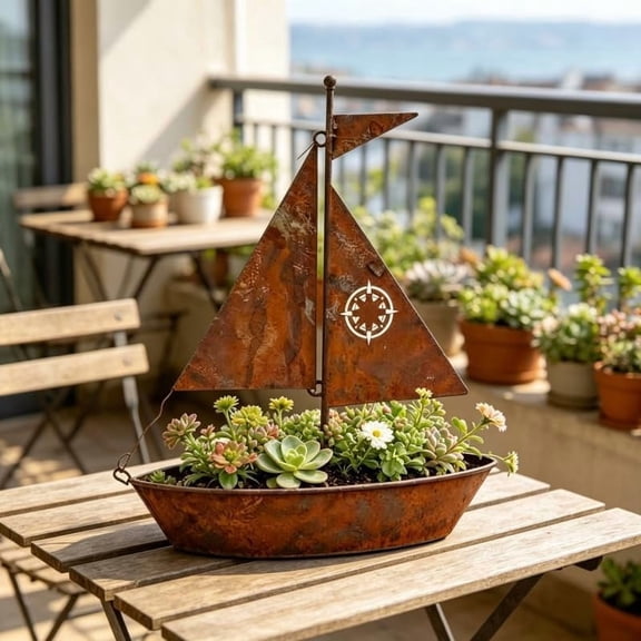 Rustic Iron Sailboat Planter Vintage Nautical Flower Pot Metal Art 3D Decor With Planter Function Natural Rust Finish For Porch Patio Lake House(1Pcs)
