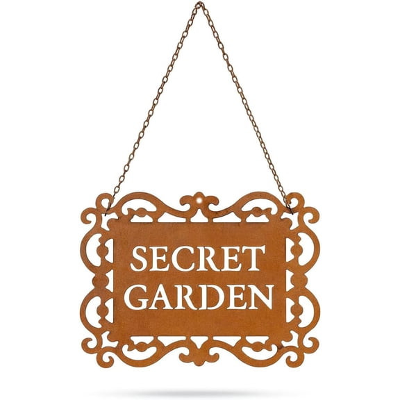 Rustic Iron Secret Garden Hanging Sign, Natural Rust Patina Metal Plaque with Ornate Cutout Scrollwork and Chain, Garden Gate & Wall Decor, 7.9 5.9 Inches