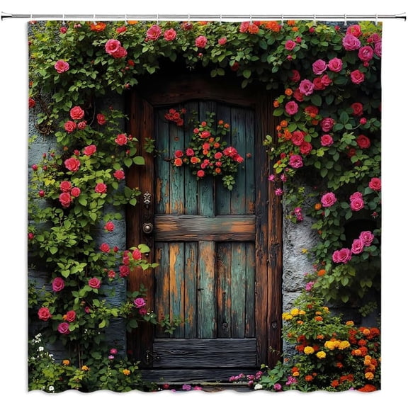 Rustic Italy Shower Curtain Italian Street City Mediterranean Courtyard Vintage Tuscan Plant Spring Floral Wooden Door Bathroom Curtain Set Polyester Fabric Hooks-36"W x 72"L (Pack of 1)