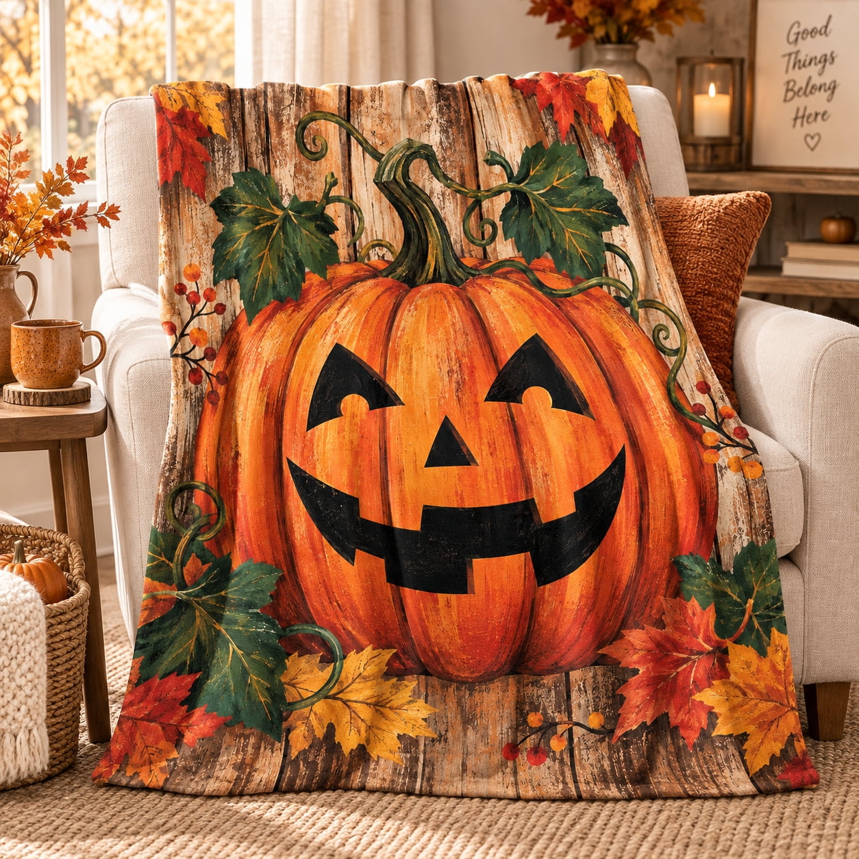 Rustic Jack O Lantern Flannel Throw Blanket with Large Pumpkin, Maple ...