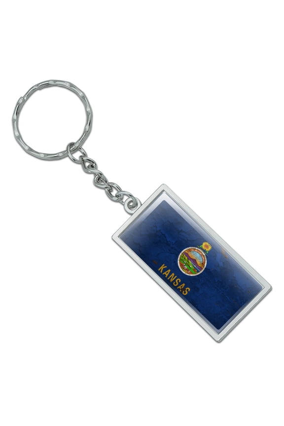 Rustic Kansas State Flag Distressed USA Rectangle Chrome Plated Metal Keychain Key Chain
