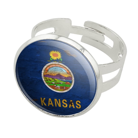 Rustic Kansas State Flag Distressed USA Silver Plated Adjustable Novelty Ring