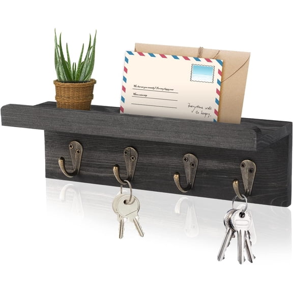 Rustic Key Holder for Wall, Farmhouse Wall Shelf with Hooks, Wall Mounted Key Racks, Wooden Mail Organizer with Hooks for Entryway