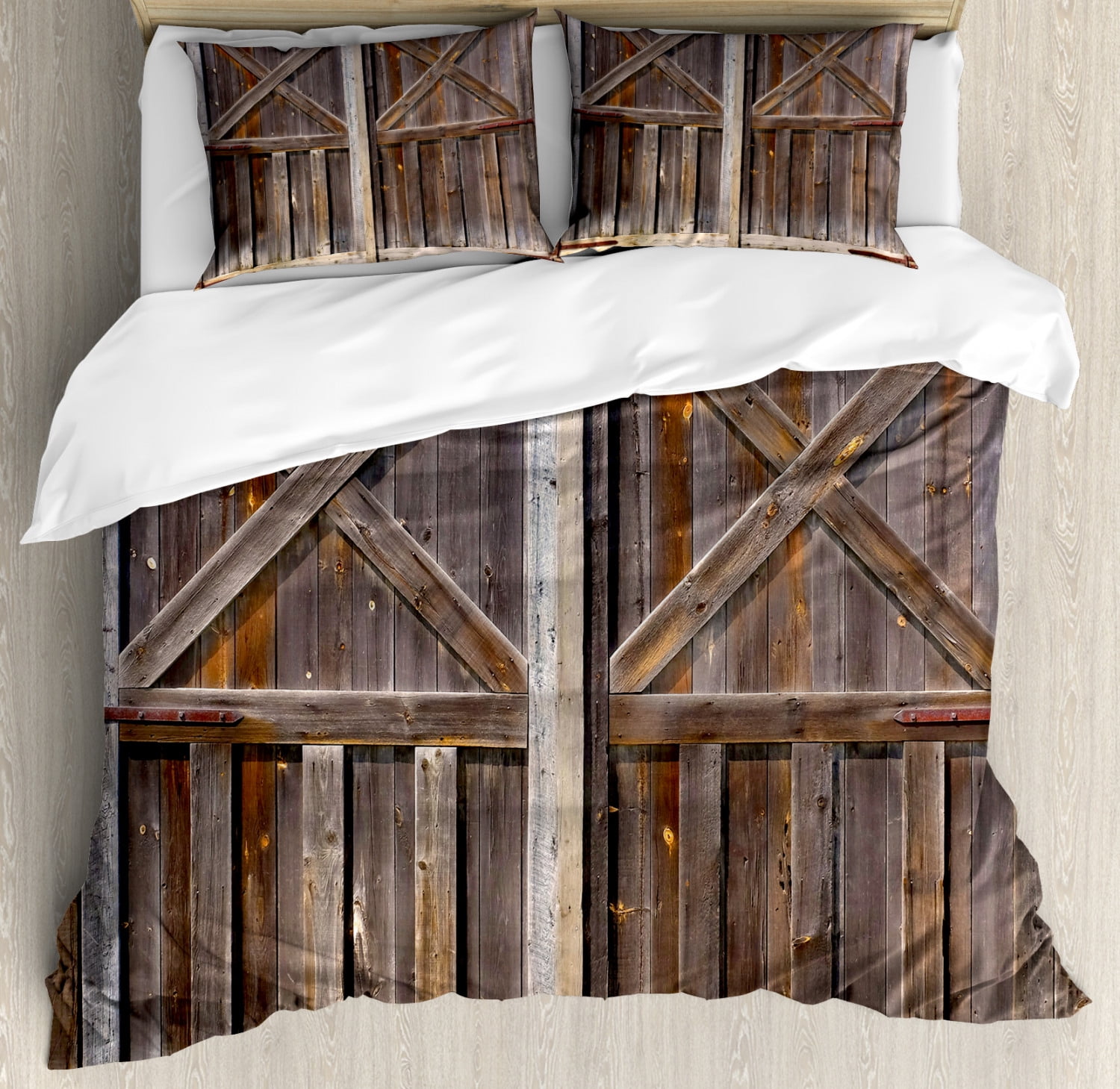 Rustic Brown Wooden Barn Door King Duvet Cover Set