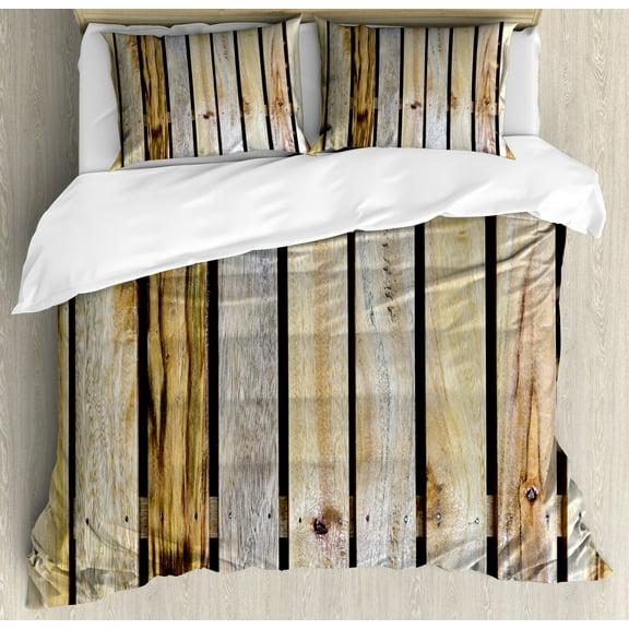 Rustic King Size Duvet Cover Set, Vintage Timber Fence of Country Rough Rural House Cabin Village Mother Earth Nature Print, Decorative 3 Piece Bedding Set with 2 Pillow Shams, Brown, by Ambesonne
