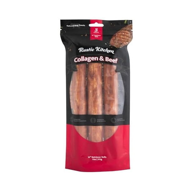 Rustic Kitchen Beef Collagen Sticks for Dogs, Collagen Retriever Roll 10" - 3ct