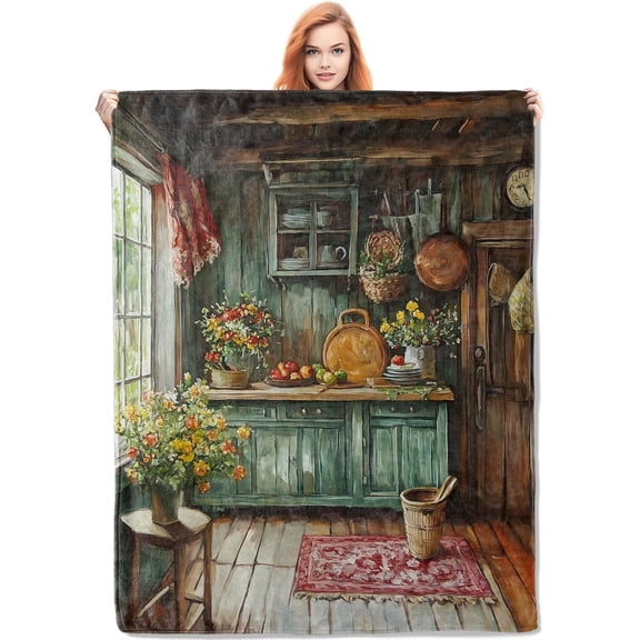 Rustic Kitchen Blanket Gifts for Women, Vintage Farmhouse Flannel Blanket, Soft Warm Lightweight Throw Blankets for Country Living Bed Couch Home Travel Decor 50" x 60"