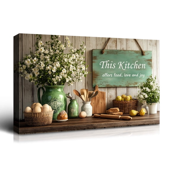Rustic Kitchen Canvas Wall Art, Vintage Farmhouse This Kitchen Serves Food Love and Joy Painting Pictures Food Still Life Landscape Poster Living Room Dining Room Home Decor