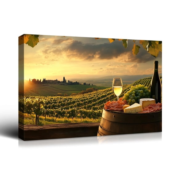 Rustic Kitchen Canvas Wall Art, Vintage Wine and Grapes Still Life Painting Print for Living Room Dining Room Decor