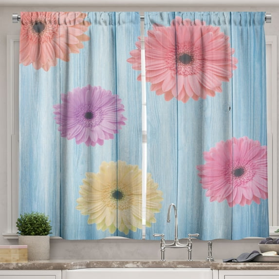 Rustic Kitchen Curtains, Calendula Florets Plants Wooden Rustic Board Spring Season Inspired Nature Display, Two Panels Drapes with Rod Pocket Room Decor, 55" X 45", Multicolor, by Ambesonne