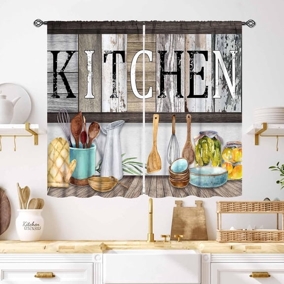 Rustic Kitchen Curtains,Country Vintage Farmhous Fork and Spoon Woodern Plank Board Cook Theme Rod Pocket Curtain Tiers for Cafe Living Room Bedroom Window Drapes Treatment 2 Piece Set,55X39 Inch
