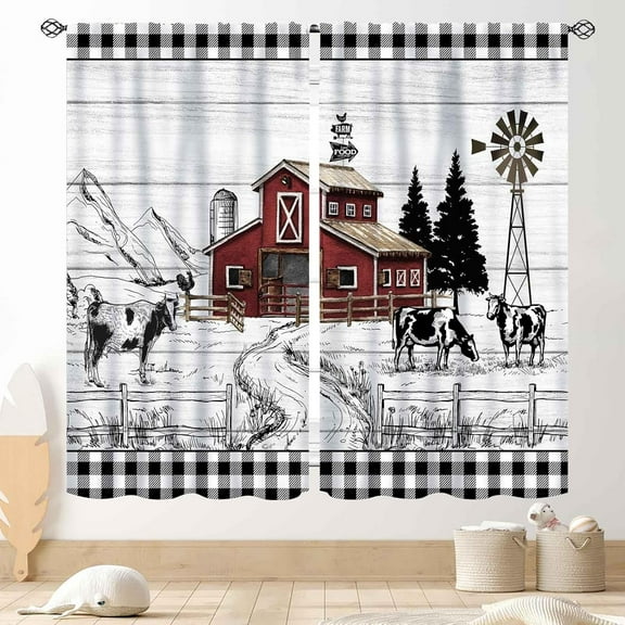 Rustic Kitchen Curtains, Farmhouse Animal Farm Cow Western Country Style Rural Cottage Cabin Lodge Printed Blackout Living Room Bedroom Drapes 2 Panels, 42"x63" Inch