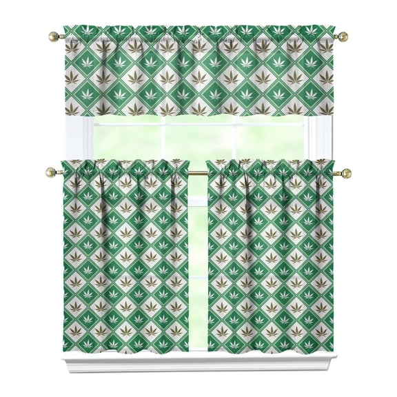 Rustic Kitchen Curtains Set of 3, 27.5x36 Inch Bamboo Leaf Pattern Polyester Valance and Tiers, Nature Theme Short Curtains for Bathroom or Kitchen Window Decor