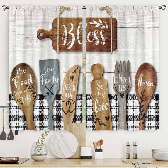 Rustic Kitchen Curtains Small Short Farmhouse Country Buffalo Plaid Wooden Plank Rod Pocket Funny Quotes Black White Vintage Bedroom Living Room Treatment Fabric 2 Panels 27.5Wx39H Inch