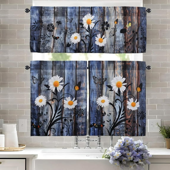Rustic Kitchen Curtains and Valances Set - 3 Piece Kitchen Curtains 36 Inch Length Sets with Valance for Windows Butterfly Daisy American Country Farm