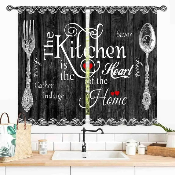 Rustic Kitchen Curtians, Farmhouse Fork and Spoon Woodern Plank Board Cook Theme Sweet Home Country Cottage Cafe Living Room Bedroom Blackout Window Curtains Drapes Treatments 2 Panels, 55x39 Inch