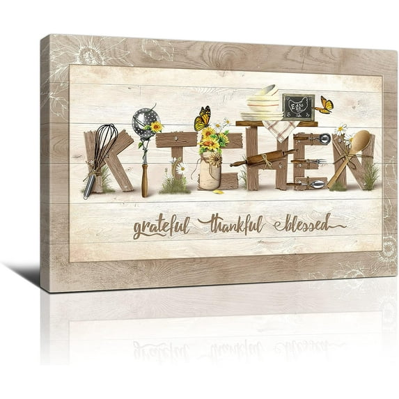 Rustic Kitchen Decor Kitchen Signs Wall Decor Grateful Thankful Blessed Farmhouse Kitchen Canvas Wall Art cute funny kitchen pictures for wall Home Kitchen Decorations 12x16inch